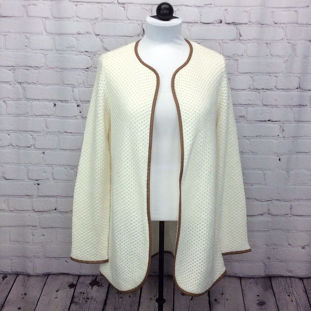 Chico's Cardigan Womens Sz 1 S/8 Open Front Ivory Faux Leather Trim Grandma Core